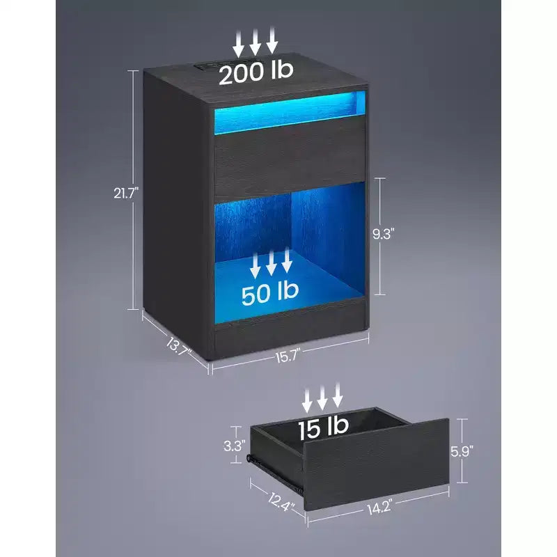 Table de chevet avec station de recharge, Table de chevet avec tiroir, Table d'appoint moderne avec lumières LED réglables