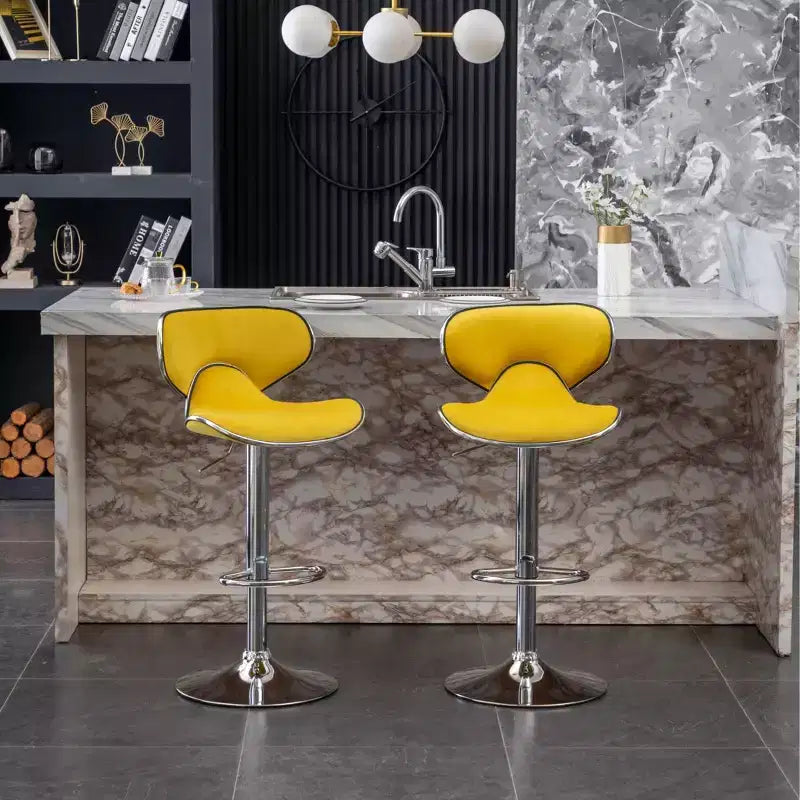 Tabouret de bar pivotant et réglable en hauteur, en velours, jaune