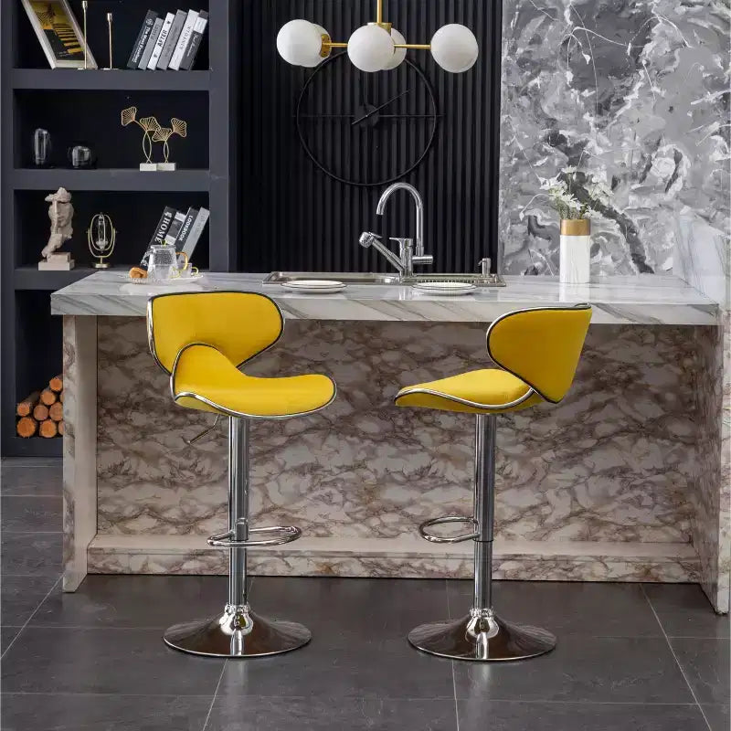 Tabouret de bar pivotant et réglable en hauteur, en velours, jaune