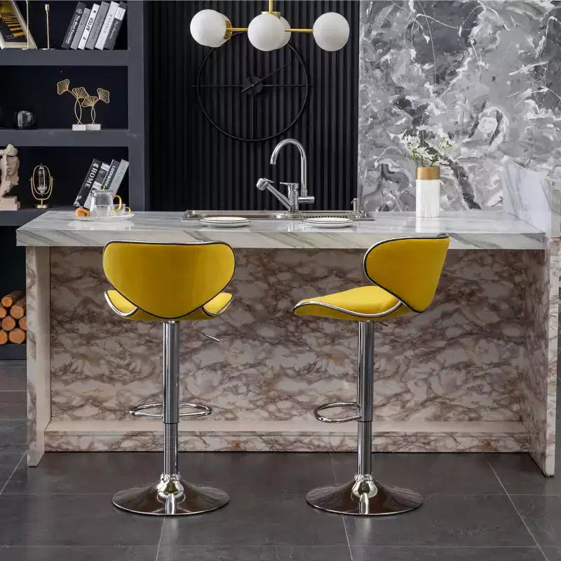 Tabouret de bar pivotant et réglable en hauteur, en velours, jaune