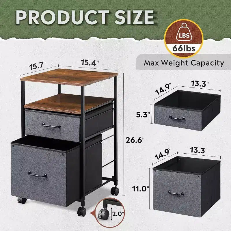 Meuble de classement mobile, support d'imprimante roulant avec étagère de rangement ouverte, meuble de classement vertical en tissu adapté aux documents A4 ou Letter pour le bureau à domicile