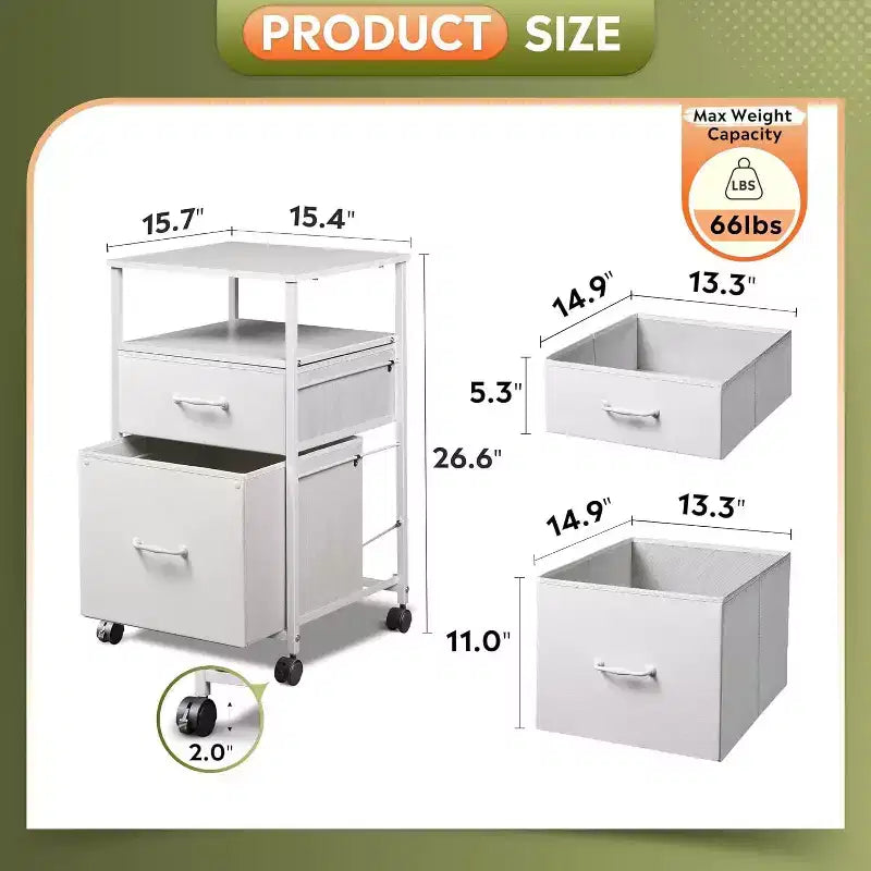Meuble de classement mobile, support d'imprimante roulant avec étagère de rangement ouverte, meuble de classement vertical en tissu adapté aux documents A4 ou Letter pour le bureau à domicile