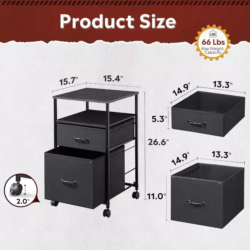 Meuble de classement mobile, support d'imprimante roulant avec étagère de rangement ouverte, meuble de classement vertical en tissu adapté aux documents A4 ou Letter pour le bureau à domicile