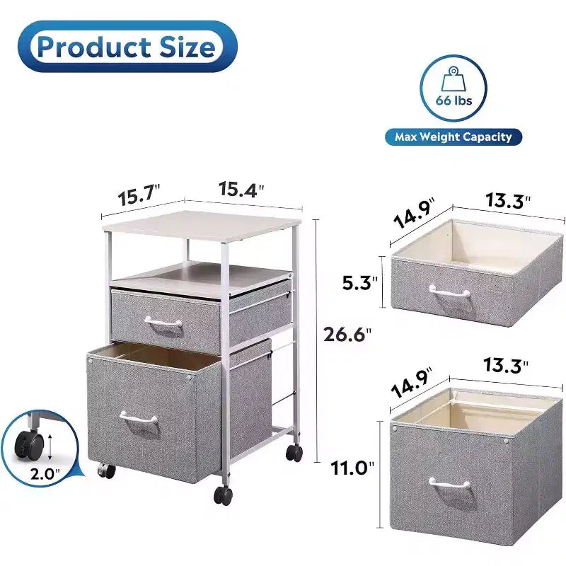 Meuble de classement mobile, support d'imprimante roulant avec étagère de rangement ouverte, meuble de classement vertical en tissu adapté aux documents A4 ou Letter pour le bureau à domicile