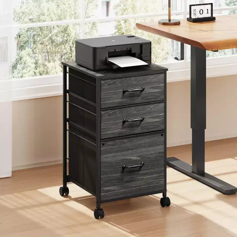 Meuble de rangement mobile à 3 tiroirs avec roulettes, support d'imprimante, classeur vertical en tissu pour bureau à domicile, convient aux formats A4 ou Letter