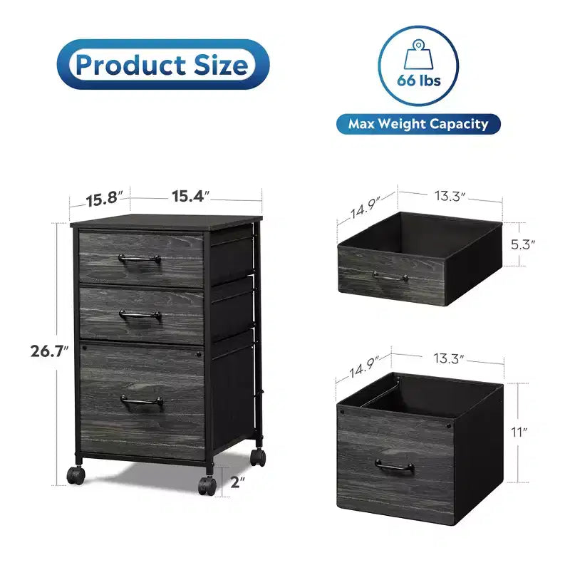 Meuble de rangement mobile à 3 tiroirs avec roulettes, support d'imprimante, classeur vertical en tissu pour bureau à domicile, convient aux formats A4 ou Letter
