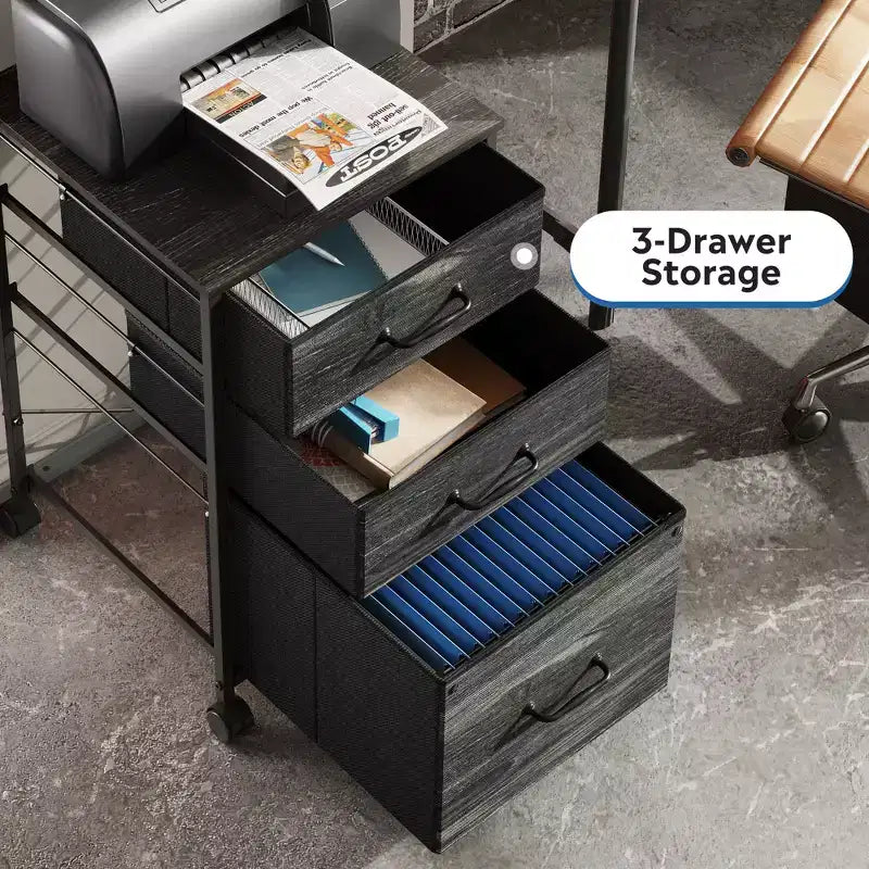 Meuble de rangement mobile à 3 tiroirs avec roulettes, support d'imprimante, classeur vertical en tissu pour bureau à domicile, convient aux formats A4 ou Letter