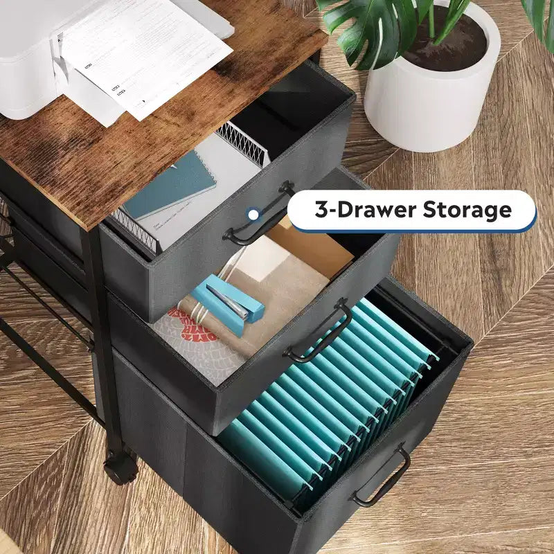 Meuble de rangement mobile à 3 tiroirs avec roulettes, support d'imprimante, classeur vertical en tissu pour bureau à domicile, convient aux formats A4 ou Letter