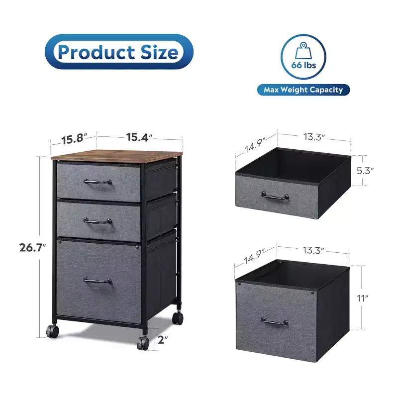 Meuble de rangement mobile à 3 tiroirs avec roulettes, support d'imprimante, classeur vertical en tissu pour bureau à domicile, convient aux formats A4 ou Letter