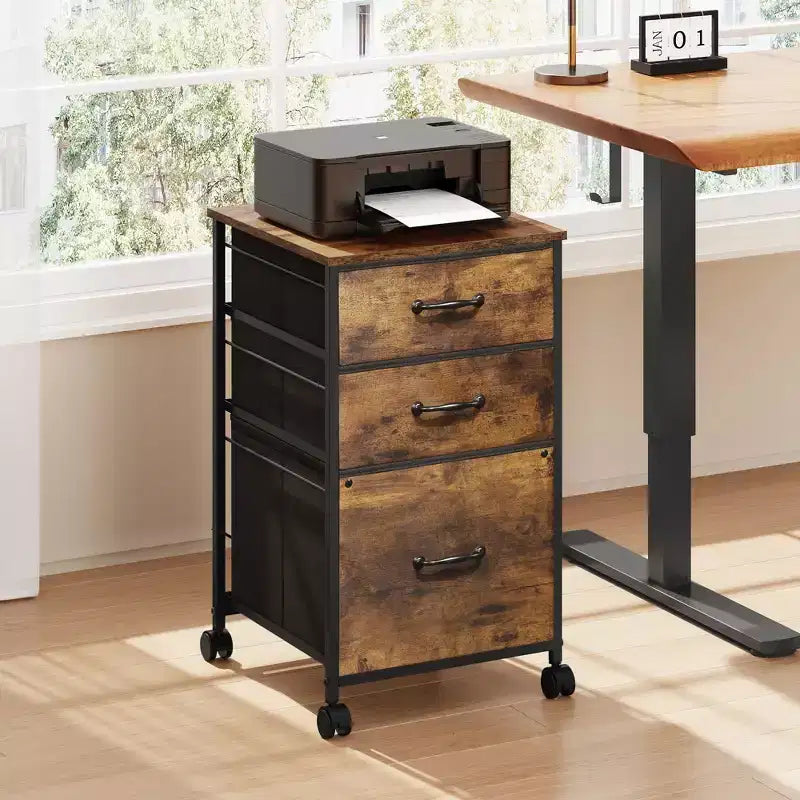 Meuble de rangement mobile à 3 tiroirs avec roulettes, support d'imprimante, classeur vertical en tissu pour bureau à domicile, convient aux formats A4 ou Letter