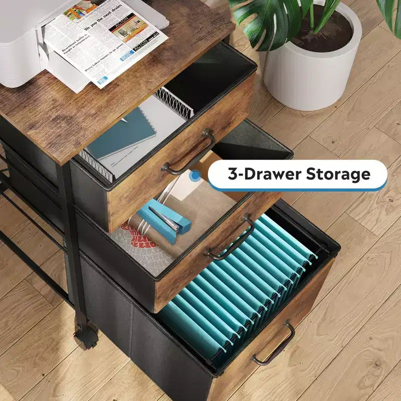 Meuble de rangement mobile à 3 tiroirs avec roulettes, support d'imprimante, classeur vertical en tissu pour bureau à domicile, convient aux formats A4 ou Letter