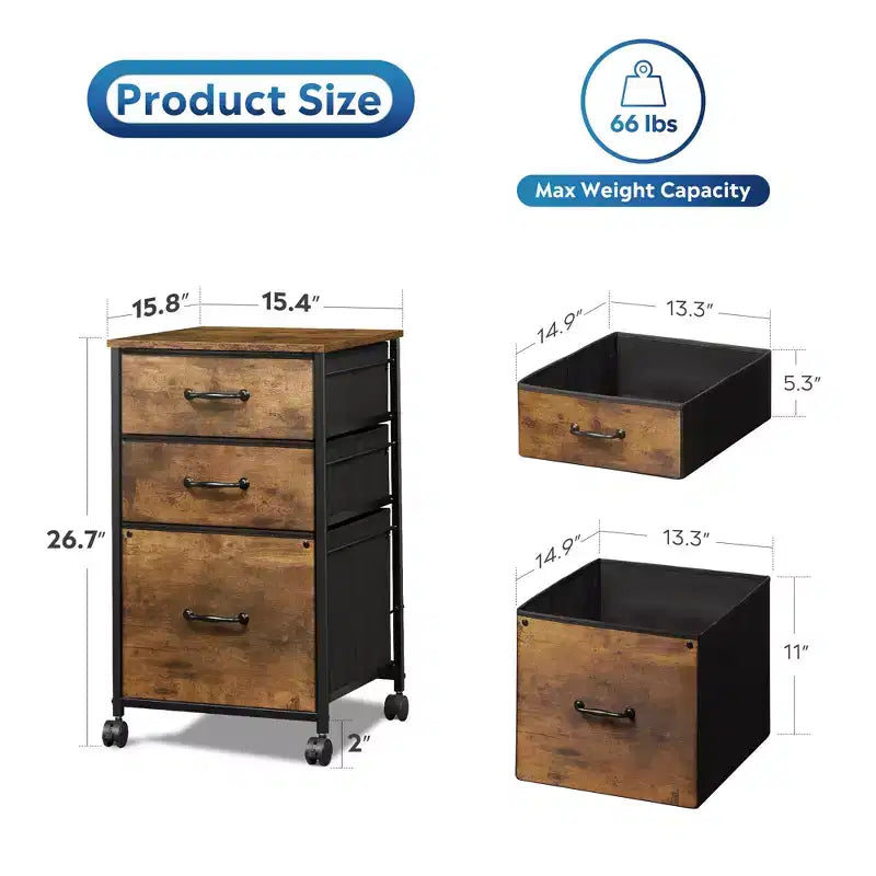 Meuble de rangement mobile à 3 tiroirs avec roulettes, support d'imprimante, classeur vertical en tissu pour bureau à domicile, convient aux formats A4 ou Letter