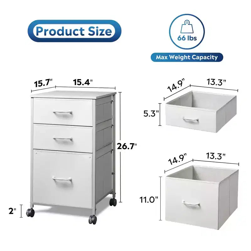 Meuble de rangement mobile à 3 tiroirs avec roulettes, support d'imprimante, classeur vertical en tissu pour bureau à domicile, convient aux formats A4 ou Letter