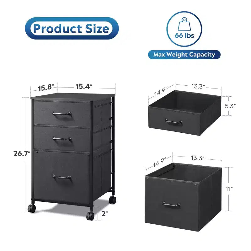 Meuble de rangement mobile à 3 tiroirs avec roulettes, support d'imprimante, classeur vertical en tissu pour bureau à domicile, convient aux formats A4 ou Letter