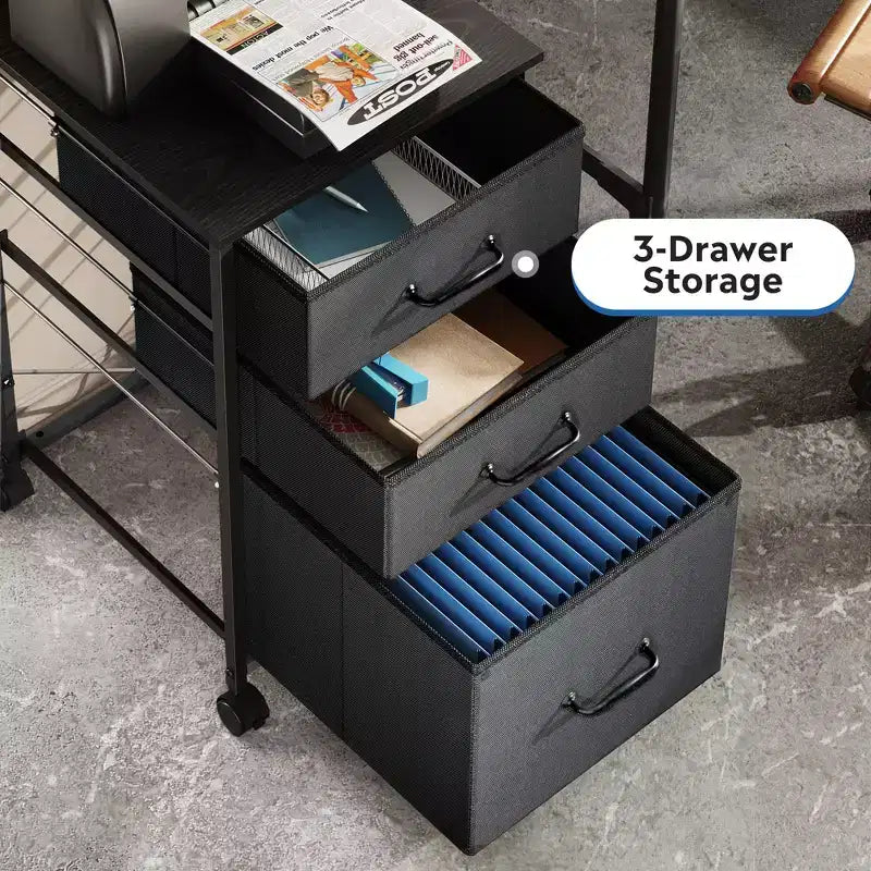 Meuble de rangement mobile à 3 tiroirs avec roulettes, support d'imprimante, classeur vertical en tissu pour bureau à domicile, convient aux formats A4 ou Letter