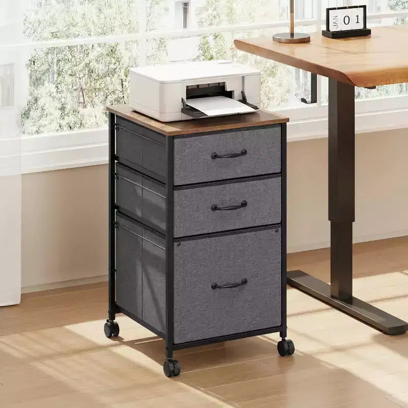 Meuble de rangement mobile à 3 tiroirs avec roulettes, support d'imprimante, classeur vertical en tissu pour bureau à domicile, convient aux formats A4 ou Letter