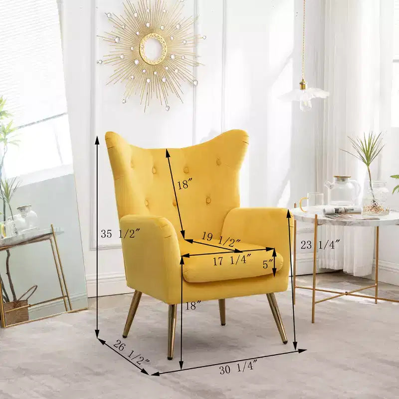 Fauteuil d'appoint en velours jaune, capitonné avec oreilles