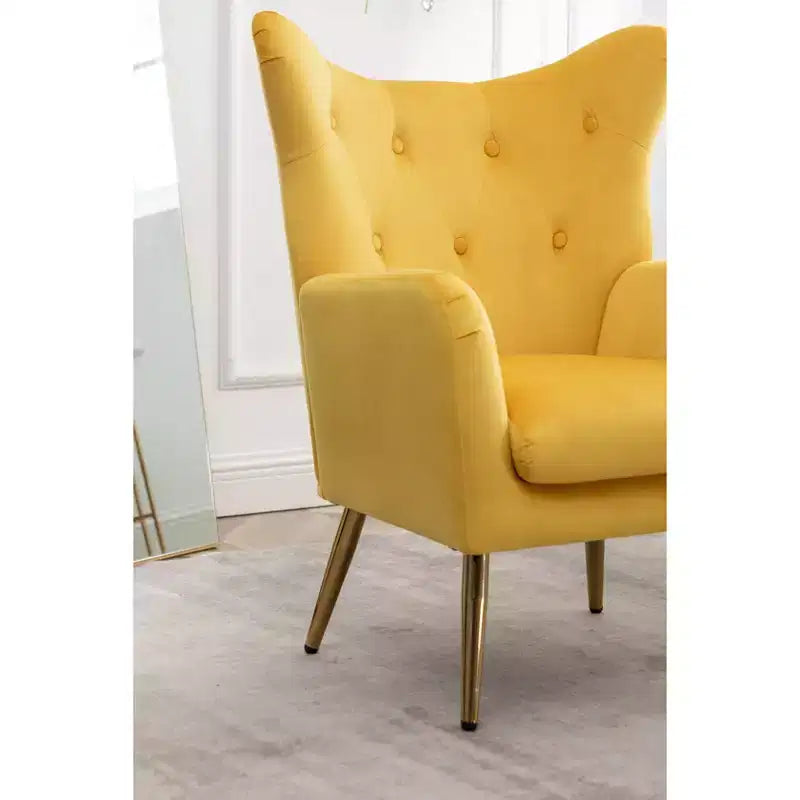 Fauteuil d'appoint en velours jaune, capitonné avec oreilles