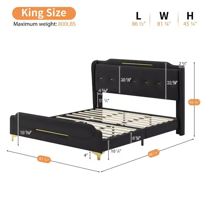 Lit King rembourré en similicuir moderne avec tête de lit à oreilles