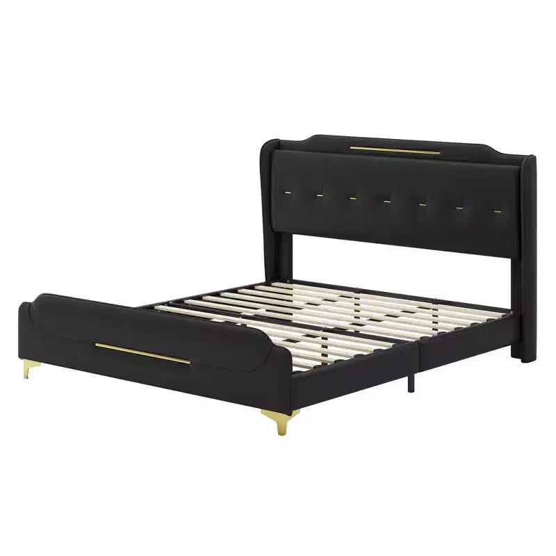 Lit King rembourré en similicuir moderne avec tête de lit à oreilles