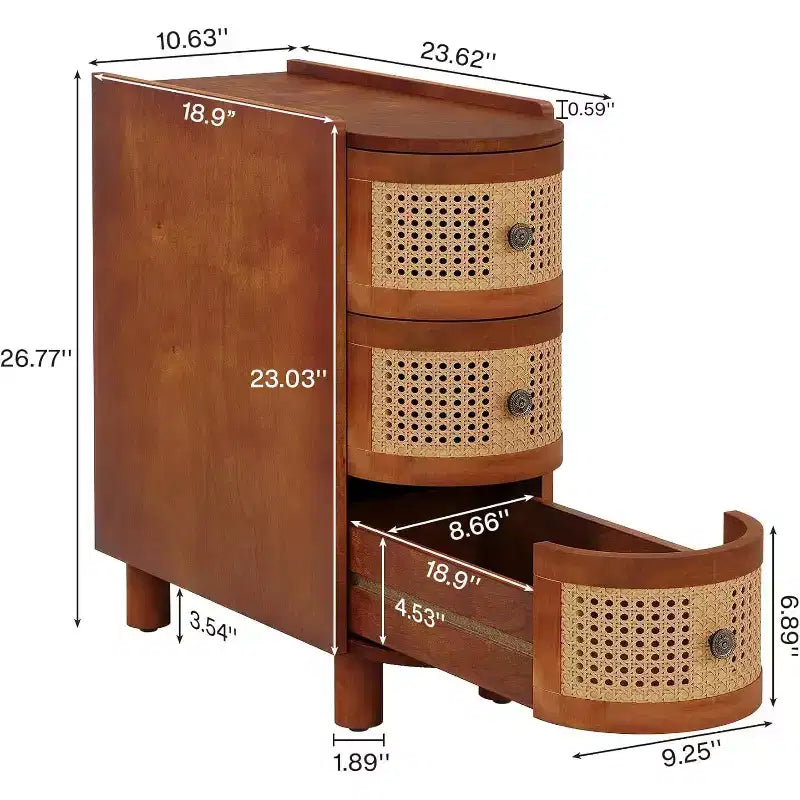 Table d'appoint en bois massif avec 3 tiroirs en rotin et poignées gaufrées exquises, aucun assemblage requis