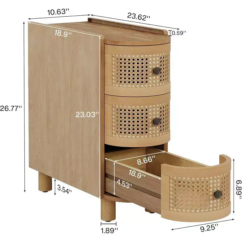 Table d'appoint en bois massif avec 3 tiroirs en rotin et poignées gaufrées exquises, aucun assemblage requis