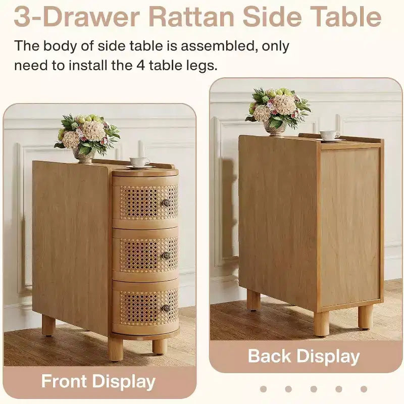 Table d'appoint en bois massif avec 3 tiroirs en rotin et poignées gaufrées exquises, aucun assemblage requis