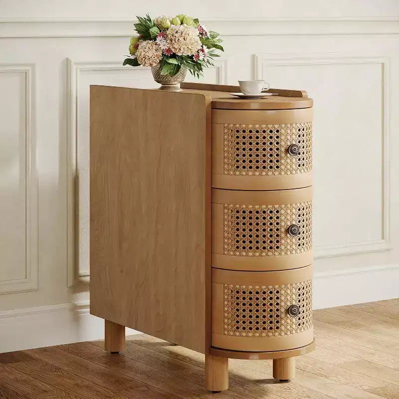 Table d'appoint en bois massif avec 3 tiroirs en rotin et poignées gaufrées exquises, aucun assemblage requis
