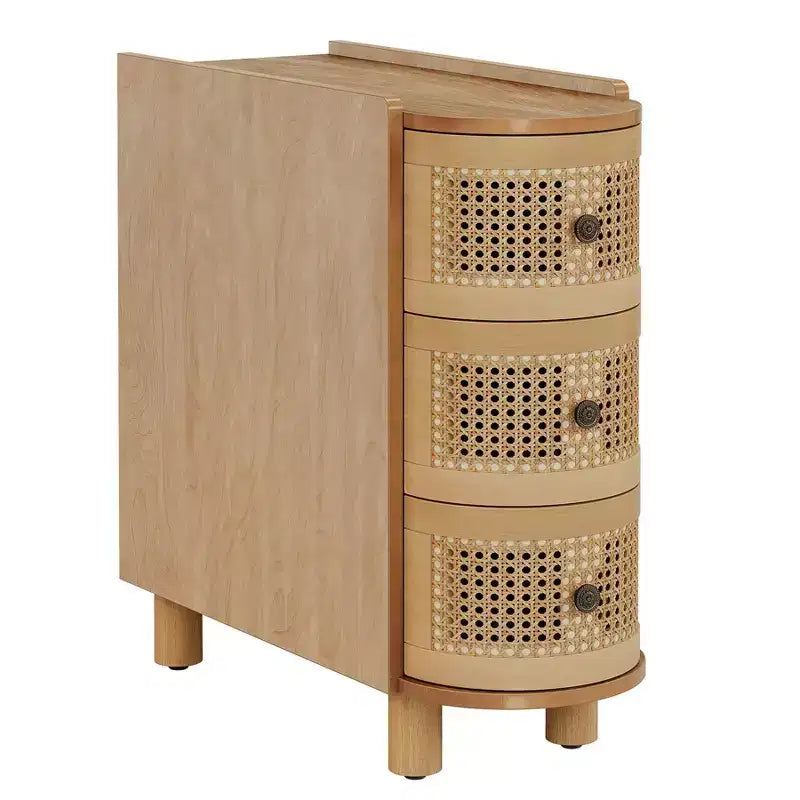 Table d'appoint en bois massif avec 3 tiroirs en rotin et poignées gaufrées exquises, aucun assemblage requis