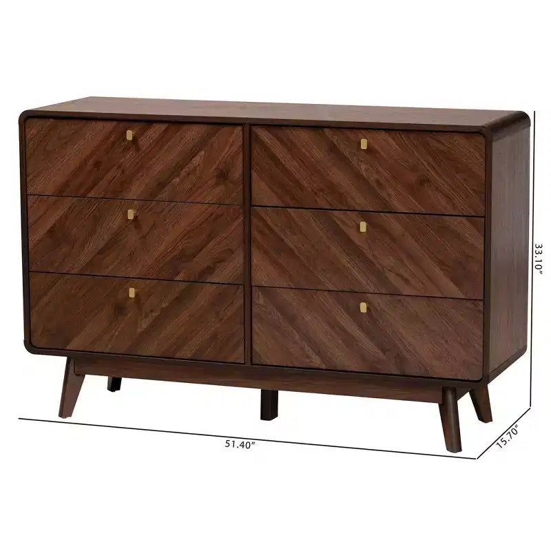 Commode 6 tiroirs en bois Noyer brun/doré : Rangement milieu de siècle, Poignées métalliques