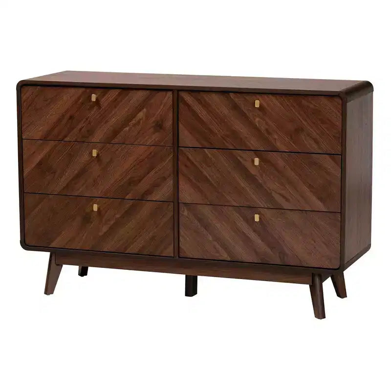 Commode 6 tiroirs en bois Noyer brun/doré : Rangement milieu de siècle, Poignées métalliques