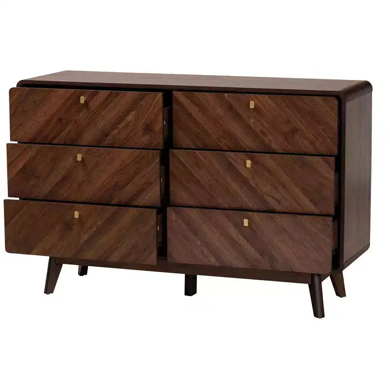 Commode 6 tiroirs en bois Noyer brun/doré : Rangement milieu de siècle, Poignées métalliques