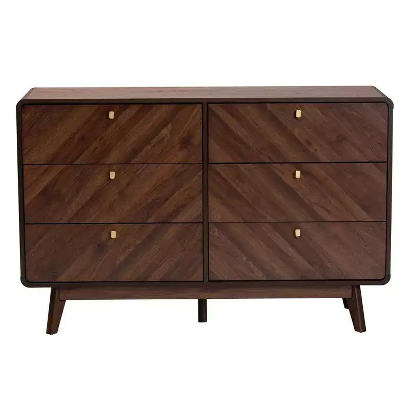 Commode 6 tiroirs en bois Noyer brun/doré : Rangement milieu de siècle, Poignées métalliques
