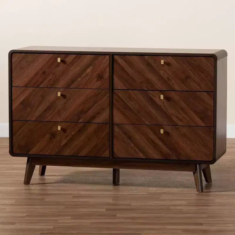 Commode 6 tiroirs en bois Noyer brun/doré : Rangement milieu de siècle, Poignées métalliques