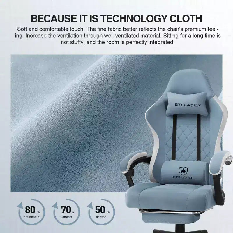 Chaise de bureau gaming en tissu avec accoudoirs articulés, fauteuil d'ordinateur bleu clair