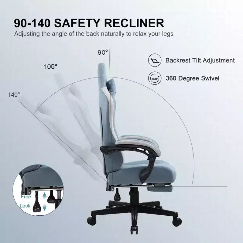 Chaise de bureau gaming en tissu avec accoudoirs articulés, fauteuil d'ordinateur bleu clair