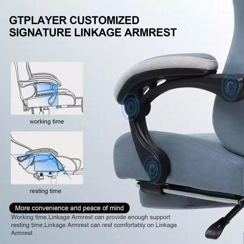 Chaise de bureau gaming en tissu avec accoudoirs articulés, fauteuil d'ordinateur bleu clair