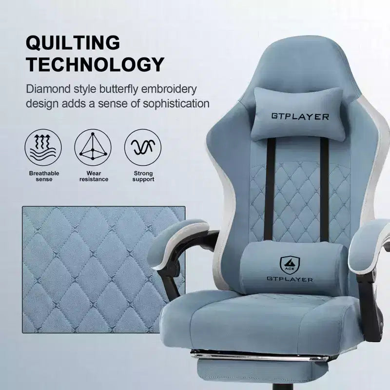 Chaise de bureau gaming en tissu avec accoudoirs articulés, fauteuil d'ordinateur bleu clair