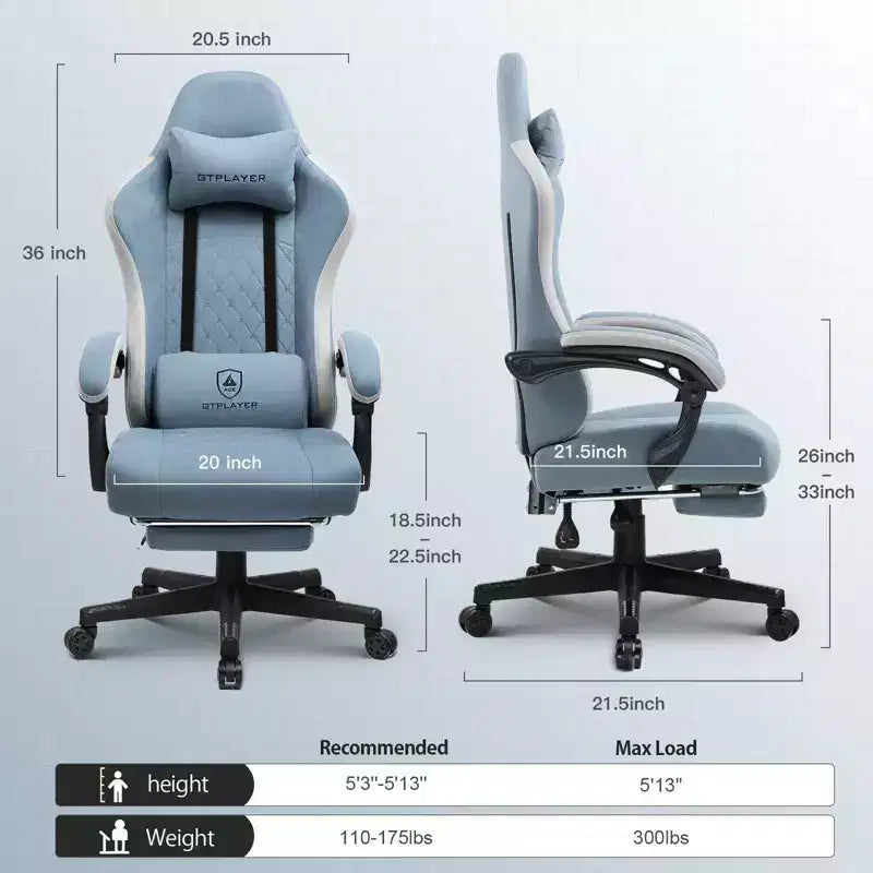 Chaise de bureau gaming en tissu avec accoudoirs articulés, fauteuil d'ordinateur bleu clair