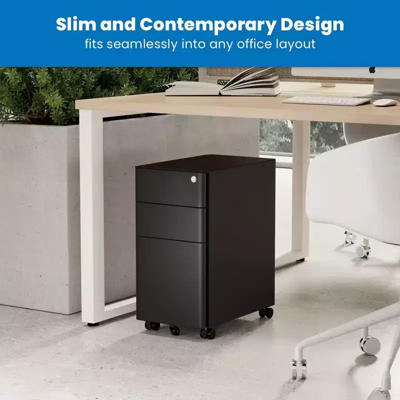 Caisson de classement mobile avec 3 tiroirs et serrure | Design fin pour rangement sous le bureau et organiseur pour dossiers, chemises et fournitures de bureau | Noir