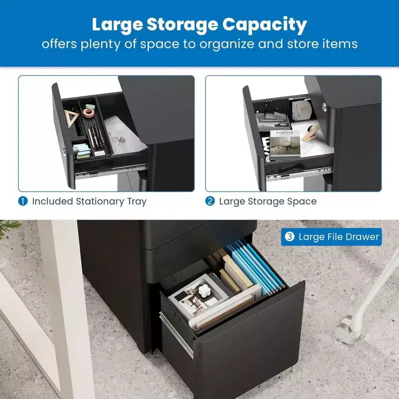 Caisson de classement mobile avec 3 tiroirs et serrure | Design fin pour rangement sous le bureau et organiseur pour dossiers, chemises et fournitures de bureau | Noir