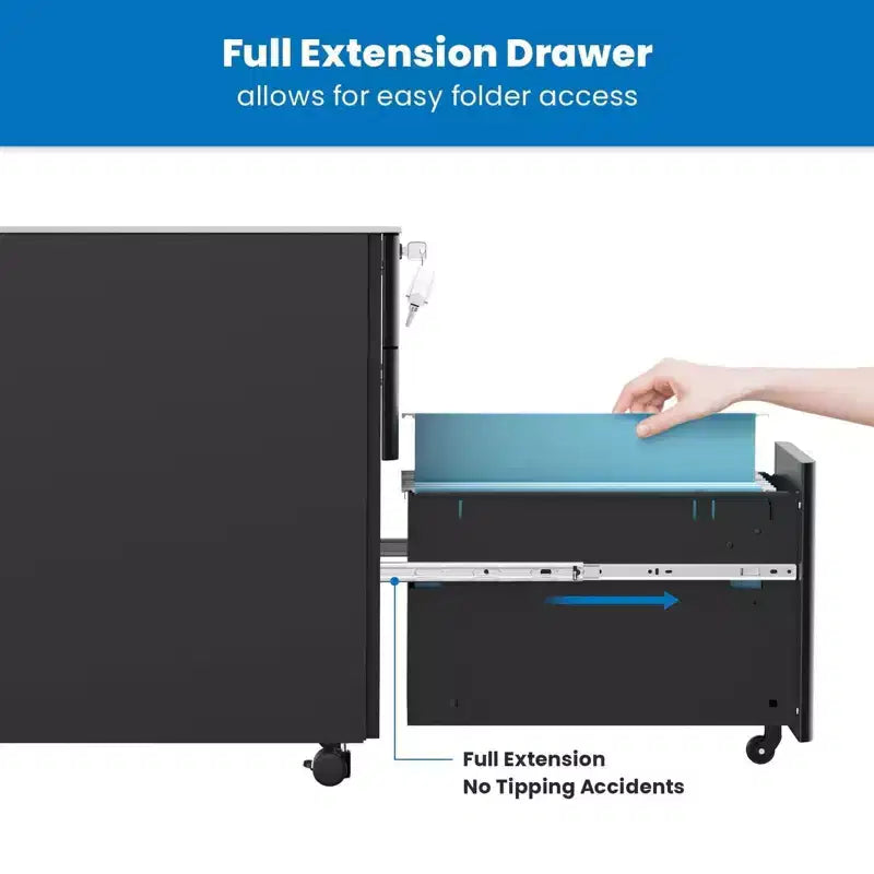Caisson de classement mobile avec 3 tiroirs et serrure | Design fin pour rangement sous le bureau et organiseur pour dossiers, chemises et fournitures de bureau | Noir