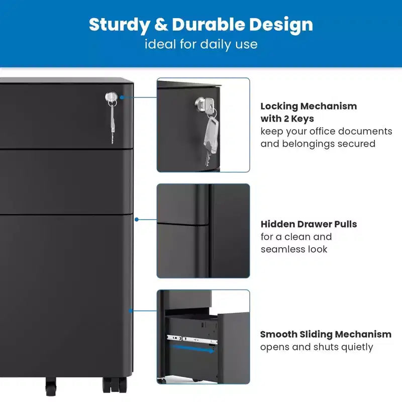 Caisson de classement mobile avec 3 tiroirs et serrure | Design fin pour rangement sous le bureau et organiseur pour dossiers, chemises et fournitures de bureau | Noir