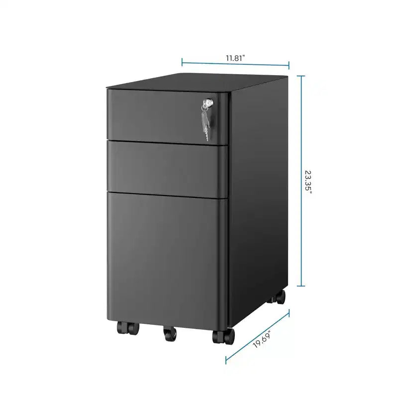 Caisson de classement mobile avec 3 tiroirs et serrure | Design fin pour rangement sous le bureau et organiseur pour dossiers, chemises et fournitures de bureau | Noir