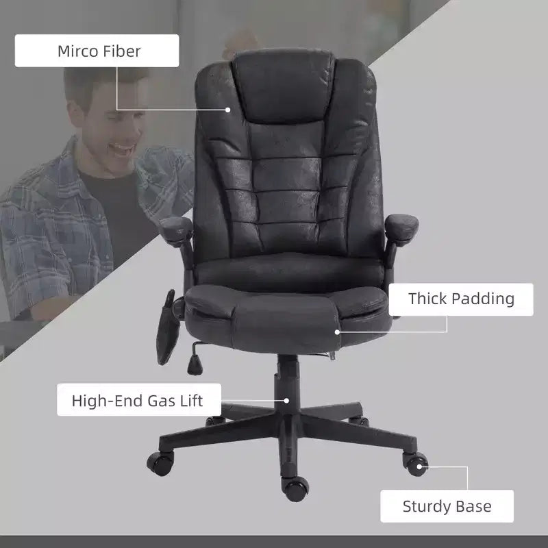 Fauteuil de bureau massant et chauffant à 6 points de vibration, fauteuil de direction grand dossier en microfibre avec dossier inclinable et accoudoirs