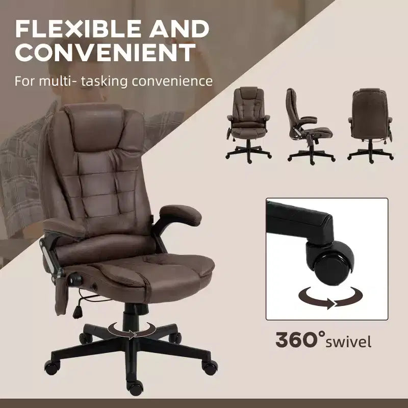 Fauteuil de bureau massant et chauffant à 6 points de vibration, fauteuil de direction grand dossier en microfibre avec dossier inclinable et accoudoirs
