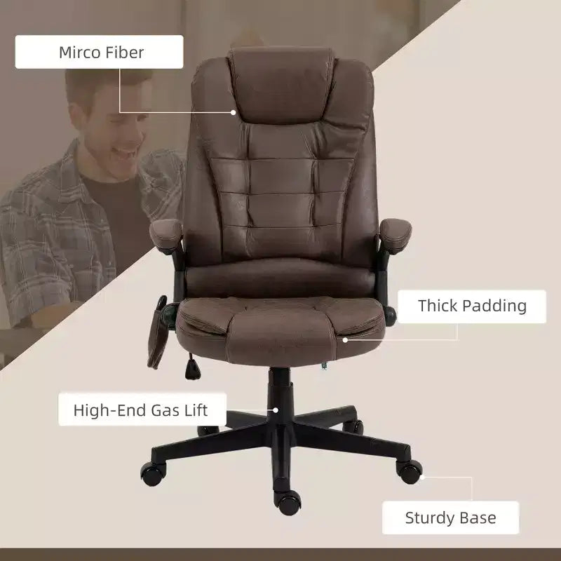 Fauteuil de bureau massant et chauffant à 6 points de vibration, fauteuil de direction grand dossier en microfibre avec dossier inclinable et accoudoirs