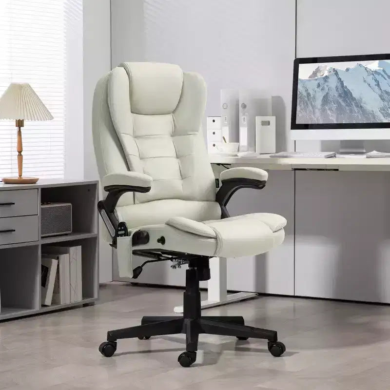 Fauteuil de bureau massant et chauffant à 6 points de vibration, fauteuil de direction grand dossier en microfibre avec dossier inclinable et accoudoirs