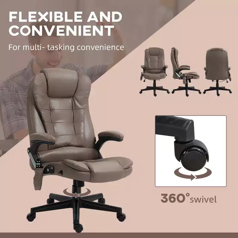 Fauteuil de bureau massant et chauffant à 6 points de vibration, fauteuil de direction grand dossier en microfibre avec dossier inclinable et accoudoirs