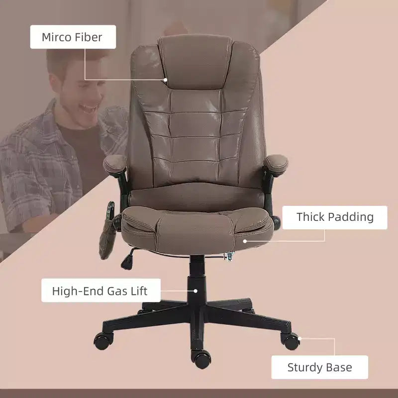 Fauteuil de bureau massant et chauffant à 6 points de vibration, fauteuil de direction grand dossier en microfibre avec dossier inclinable et accoudoirs
